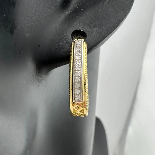 Beautiful Diamond Hoop Earrings - Sterling SIlver w Gold Overlay & Lattice Back - A+ Stuff