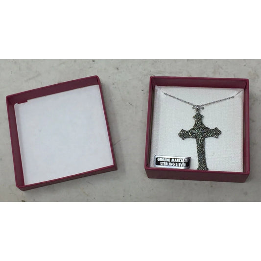 Women's Genuine Marcasite Sterling Silver Cross Crucifix Religious Necklace A+ Stuff A+ Stuff
