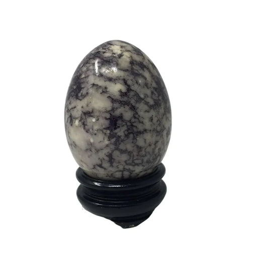 Vintage Gray/White Stone Egg with Black Wooden Stand - A+ Stuff