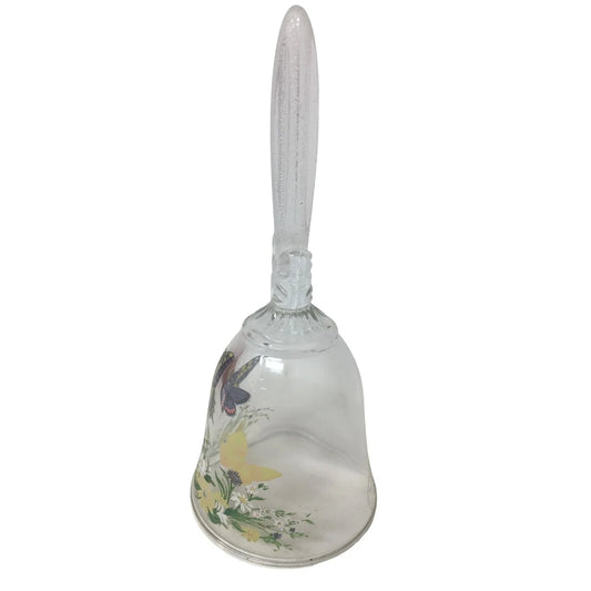 Vintage 1990 Collectible AVON Crystal Glass Handled Bell with Butterflies and Flowers Printed on it Avon A+ Stuff