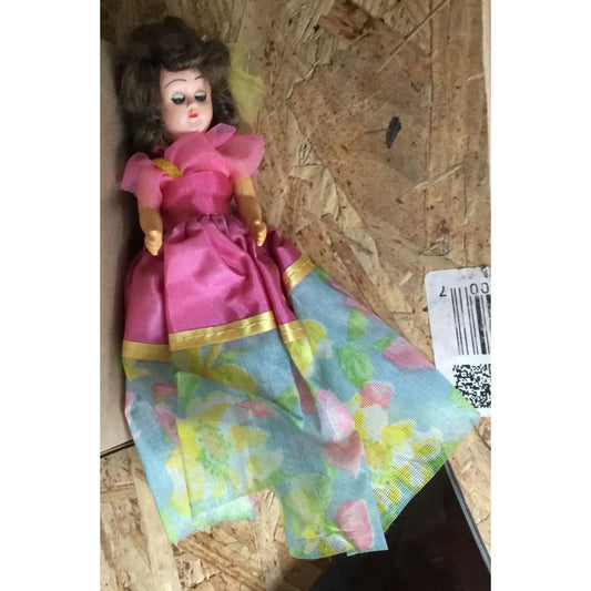 Vintage Collectible Doll Brown Hair, Blue Eyes wearing Pink, Blue, Yellow Dress - A+ Stuff