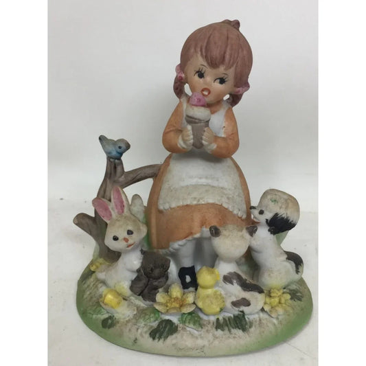 Lefton Girl Figurine Eating An Ice-cream Cone with an Array of Animals A+ Stuff A+ Stuff