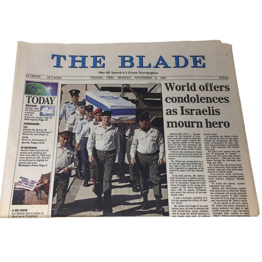 The Blade Newspaper Monday Nov. 6, 1995: World Offers Condolences as Israelis Mourn Hero