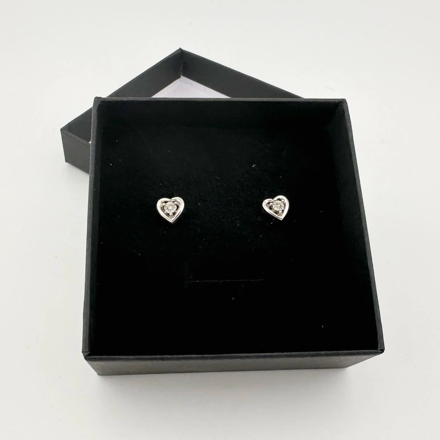 Sterling Silver Heart Shaped Stud Earrings with Natural Diamond in Illusion Setting .925 - A+ Stuff