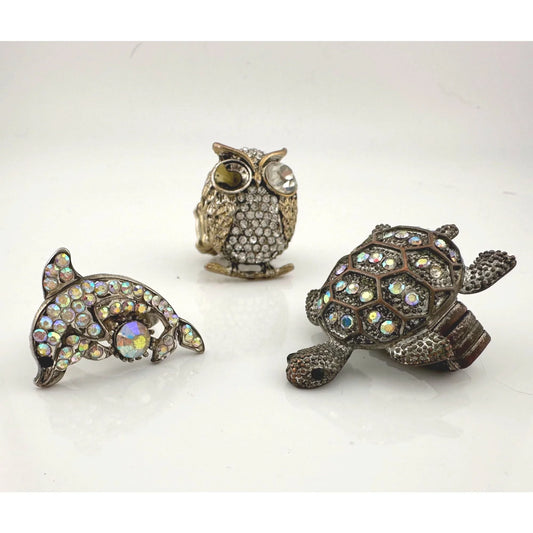 Vintage Costume Jewelry Owl, Dolphin and Turtle Rhinestone Animal Rings (missing Stones) - A+ Stuff