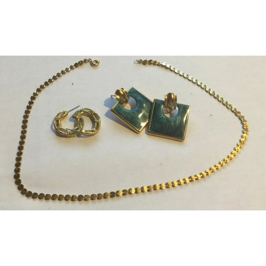 Womens Gold Tone Chain Necklace & 2 Pairs of Matching Earrings (Gold Hoops/Teal Earrings) - A+ Stuff