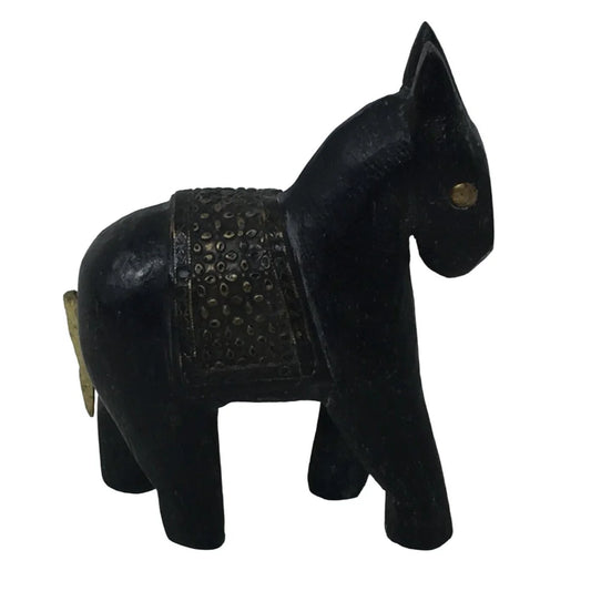 Wood Horse/Donkey Hand Carved Decorative Figurine with Brass Blanket & Brass Tack Eyes A+ Stuff A+ Stuff