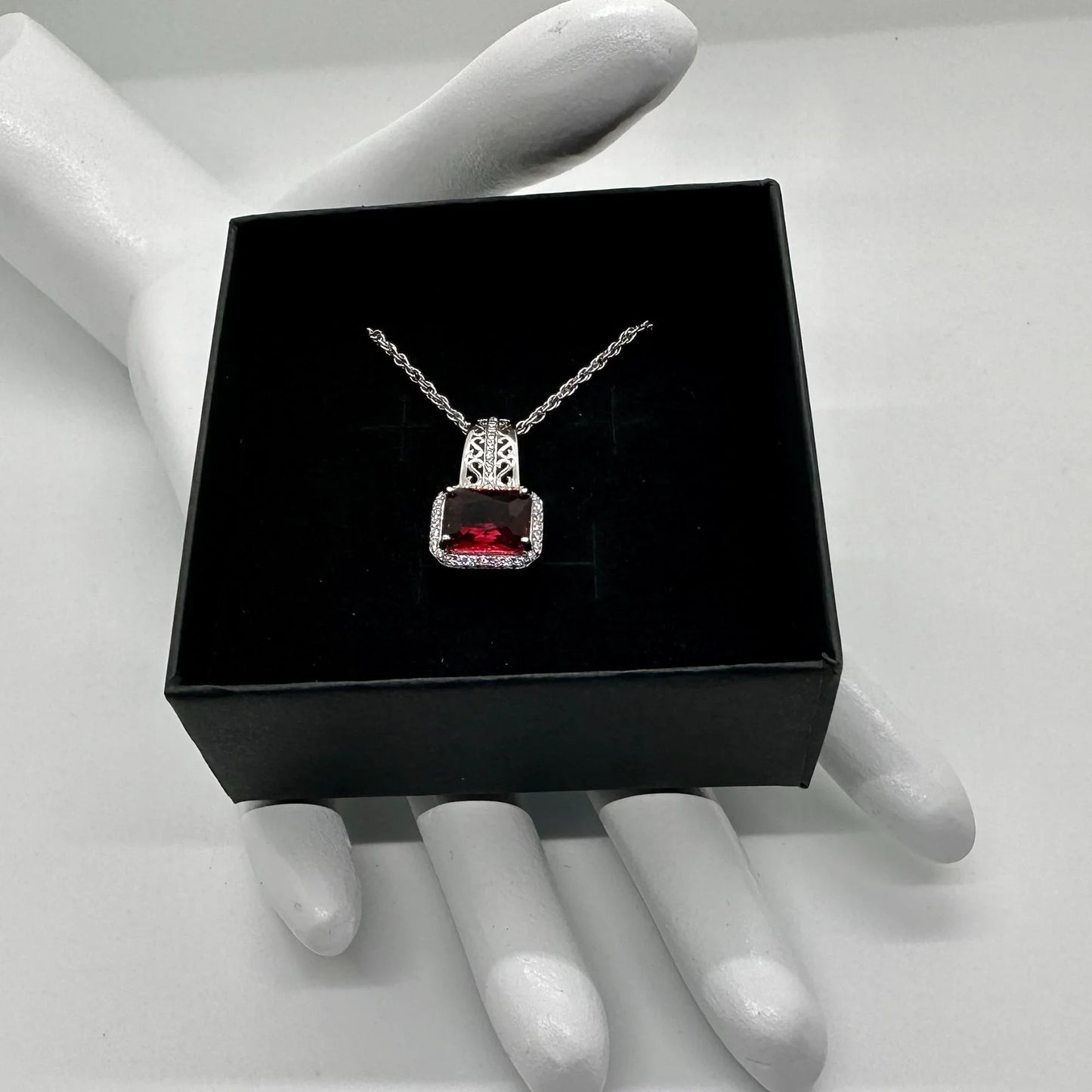 4.10 Carat Emerald Cut Ruby Designer Pendant - Sterling Silver Setting & Chain - Beautiful Filagree Detailing - A+ Stuff