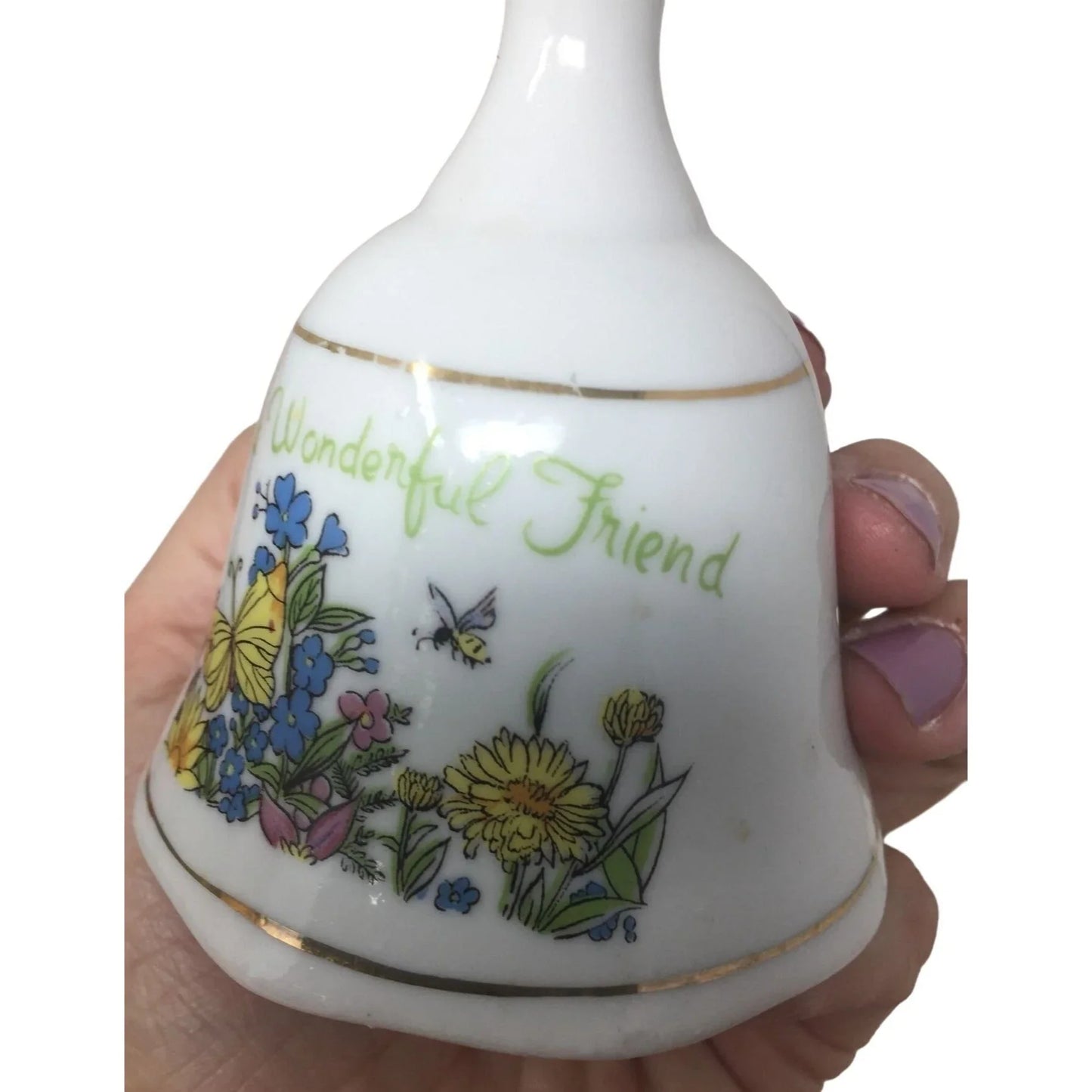 "To A Wonderful Friend" White Hand Bell with Butterflies and Flowers printed on it A+ Stuff A+ Stuff