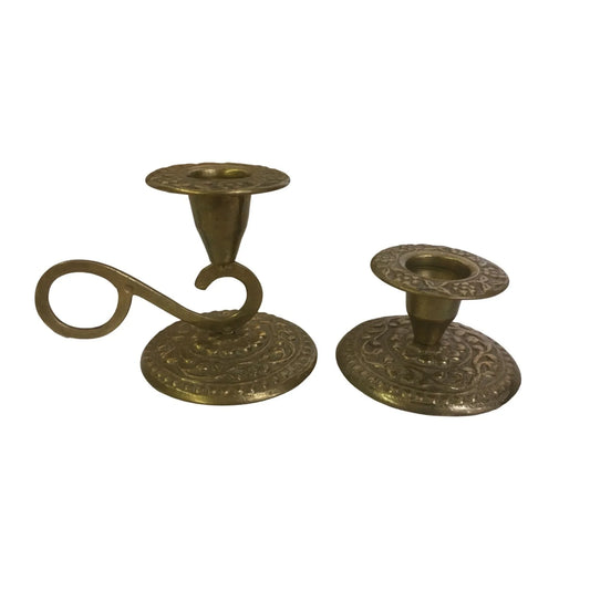 Set of 2 Gold Tone Candlestick Holders with Bases- 1 Has A Handle - A+ Stuff