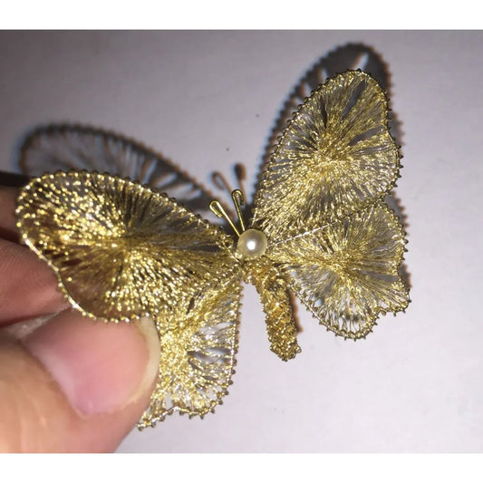 Womens Small 2" Gold Tone Butterfly Pin with White Faux Pearl in the Middle - A+ Stuff