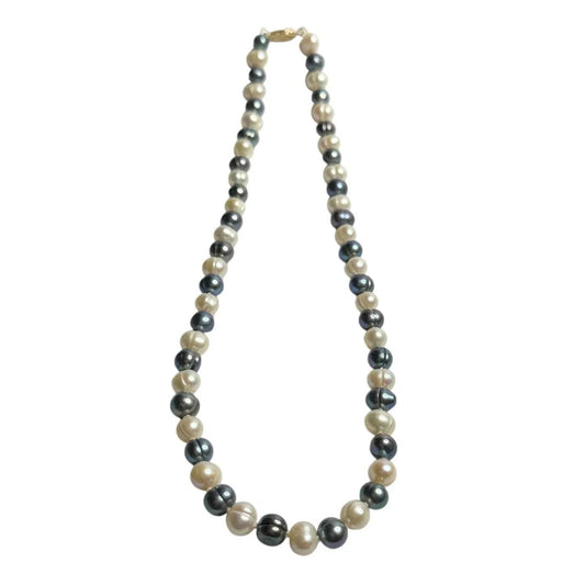 14kt Gold Hand Knotted 7mm Peacock Black (Bluish) & White Pearl Necklace 17" - Unbranded - A+ Stuff