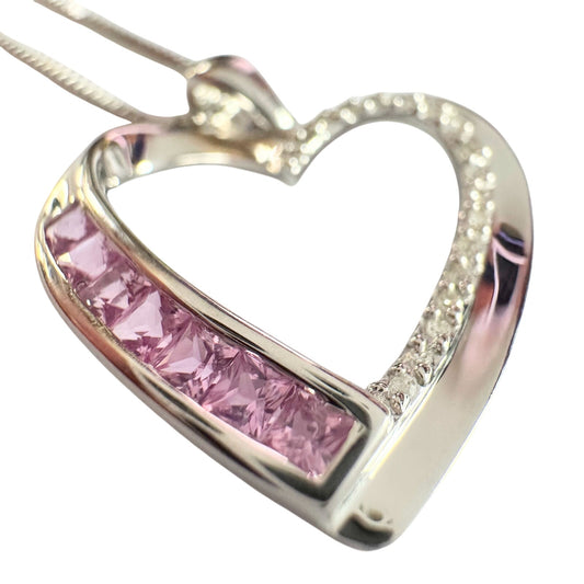 Pink & White Heart Necklace with Lab Created Sapphires - Sterling Silver