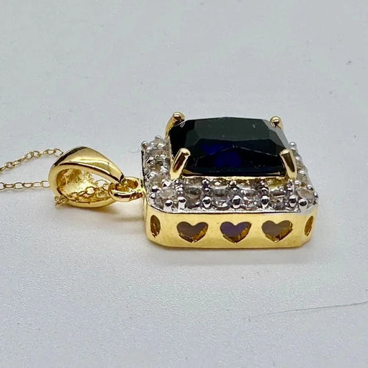Beautiful 4 Carat Emerald Cut Blue Amethyst Pendant Heart Filagree Pattern Gold Overlay Sterling Silver - A+ Stuff