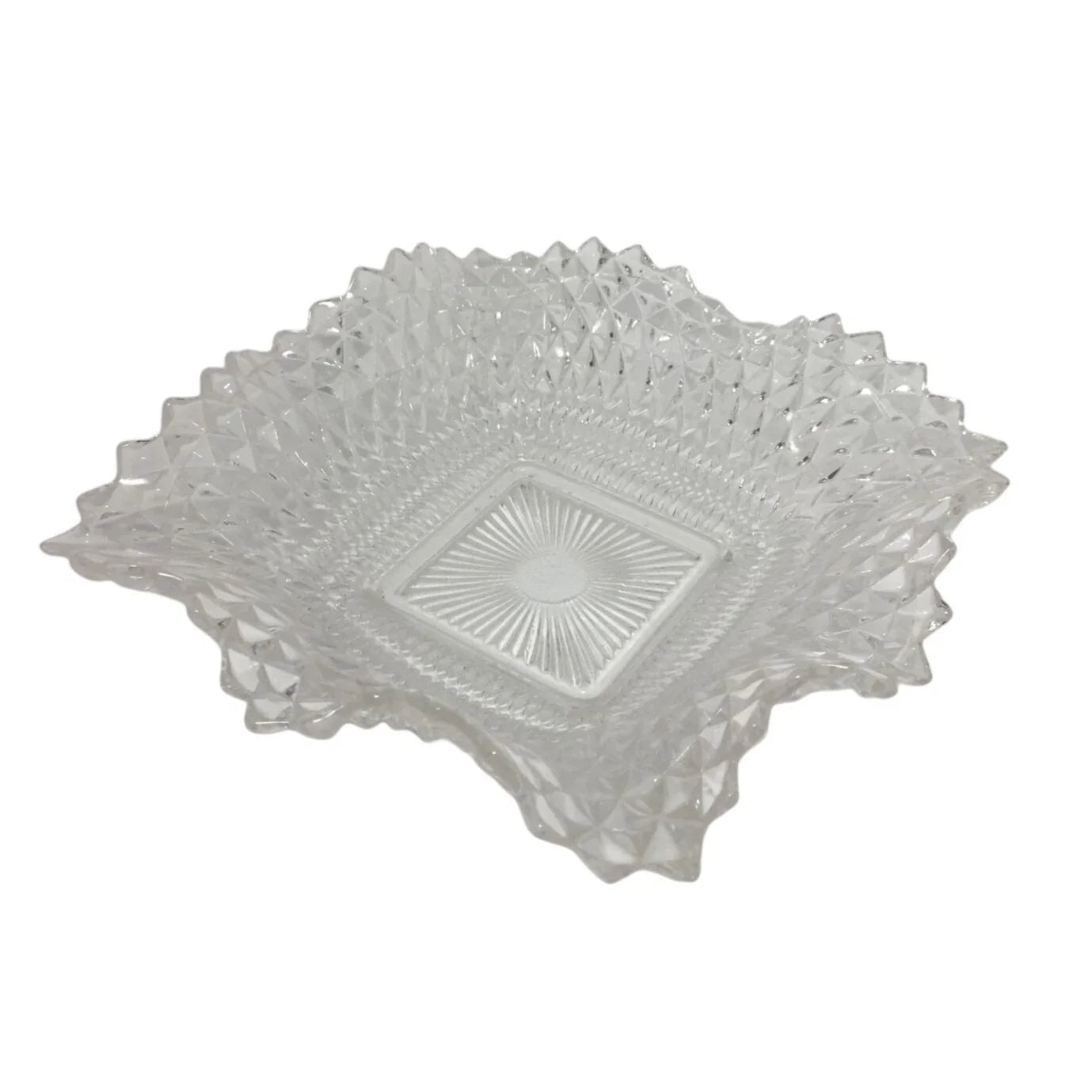 Vintage Indiana Glass Co Diamond Cut Design Square Dish w/ ruffled Edges - A+ Stuff