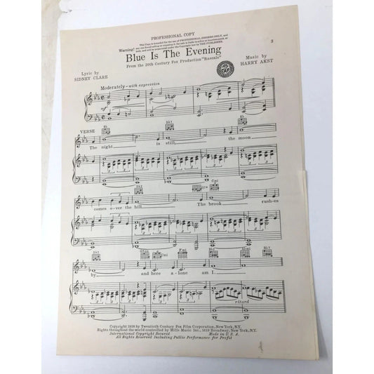 1938 Vintage Sheet Music for the song "BLUE IS IN THE EVENING" - unbranded - SHEET MUSIC - A+ Stuff