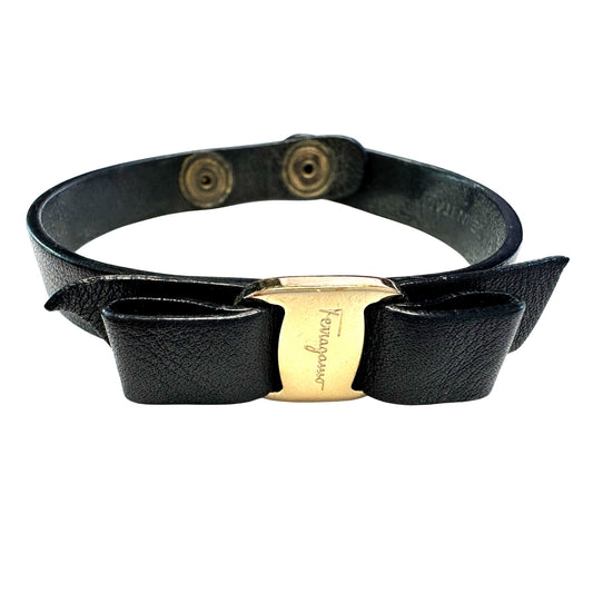 Salvatore Ferragamo Black Leather Vara Bow Bracelet with Pouch
