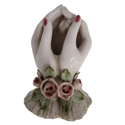 Porcelain Hands in Cupping Position - Trinkets holder - Flowers at Wrist Gold Accents Mid-century Believed to be Lefton Lefton A+ Stuff