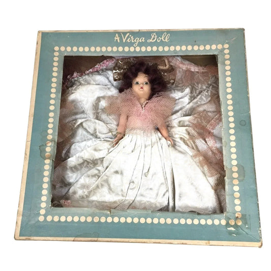 Vintage Brunette Doll in a Virga Doll Box - Fancy Dress / Gown with Embellishments on Edges A VIRGA DOLL A+ Stuff Mid century Doll