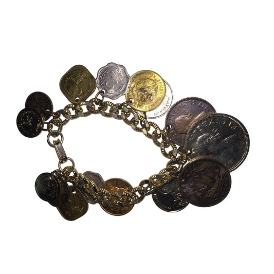Vintage 1950s Older Foreign Coin Bracelet - Coins from Around the World - A+ Stuff