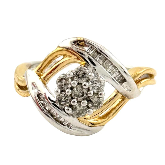Beautiful 1/4 ct Diamond Ring Baguette and Flower Cluster with Two-Tone Sterling Band Size 7 - A+ Stuff