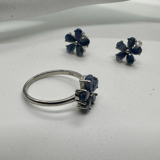 Simple & Sweet - Sapphire Flower Jewelry Set - Dinner Ring and Stud Earrings - A+ Stuff