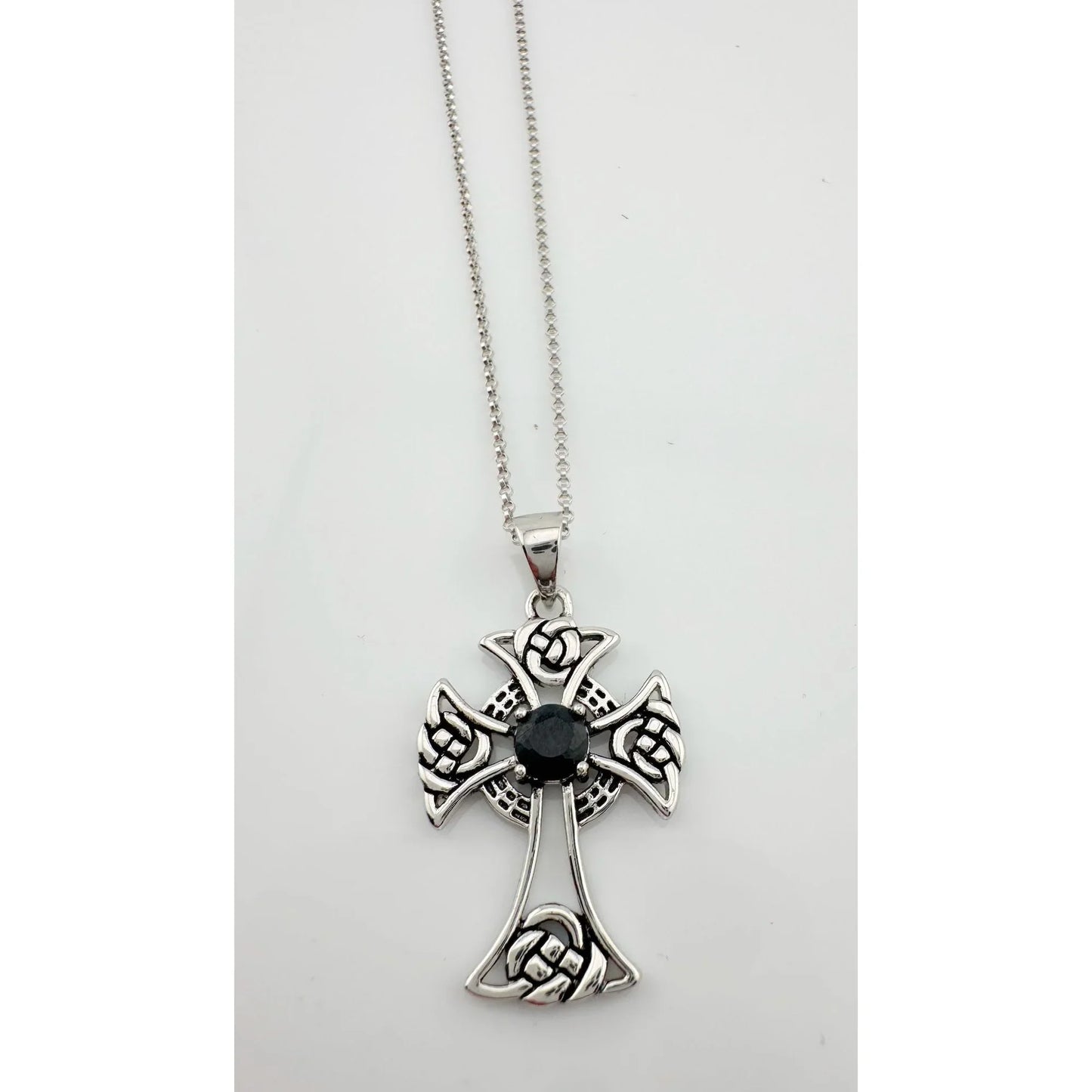 Bold Celtic Cross with Black Sapphire Center - Sterling Silver with 18" Chain - A+ Stuff