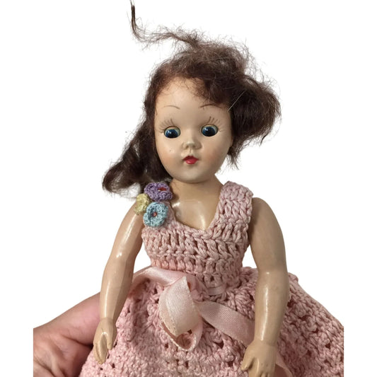 Vintage Collectible Doll Wearing Pink Crocheted Dress- Brown Hair/Blue Eyes A+ Stuff A+ Stuff