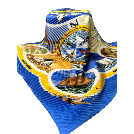 Hermes Pleated Silk Scarf ' La Presentation ' Deep Blue & Golden Yellow - Beautiful!