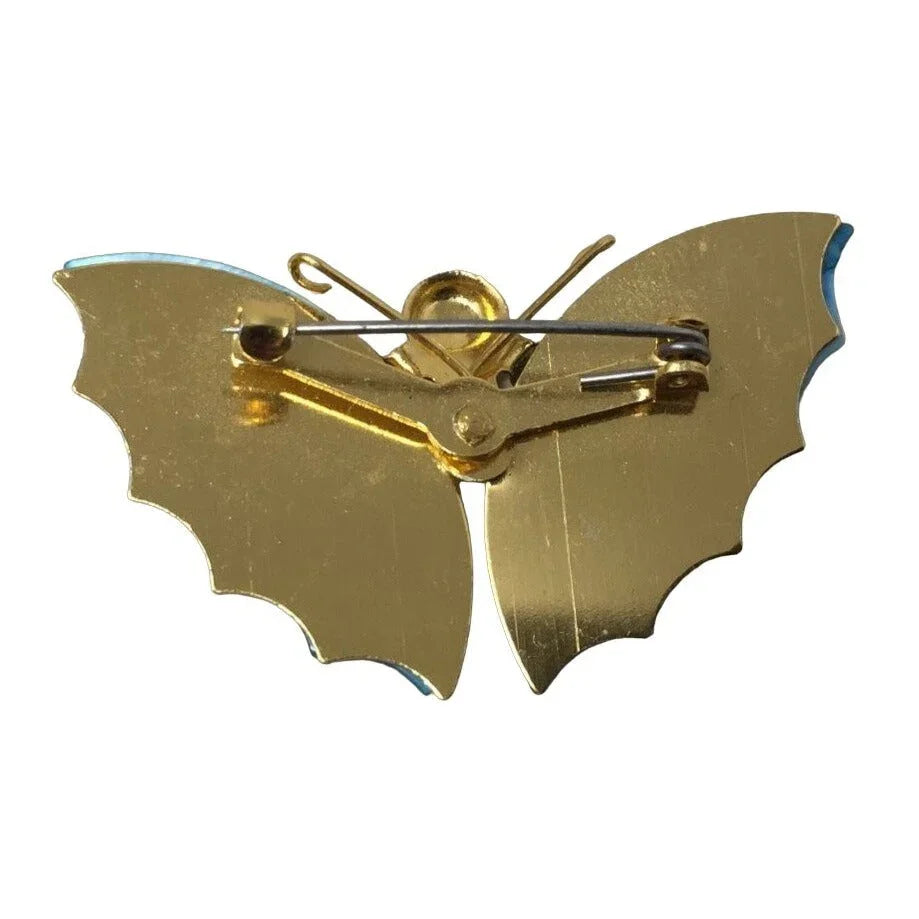 Vintage 1970s Blue Butterfly Shell Gold Tone Brooch A+ Stuff A+ Stuff