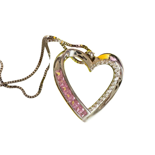 Pink & White Heart Necklace with Lab Created Sapphires - Sterling Silver