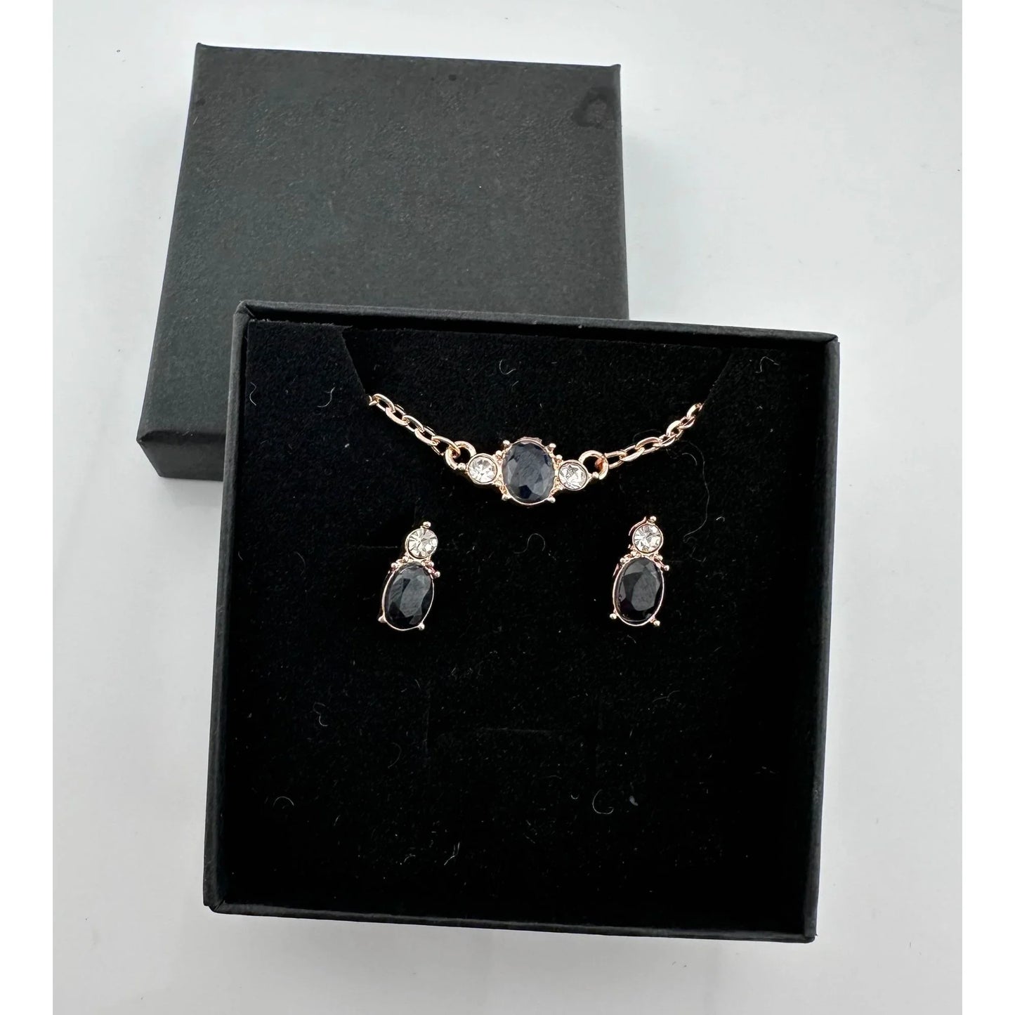 Pretty Oval Sapphire and Crystal Necklace & Earrings Set with Rose Gold Overlay - A+ Stuff