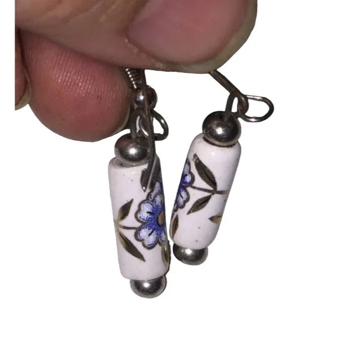 Womens Beautiful Dangly Blue, White & Silver Flower Printed Earrings - A+ Stuff