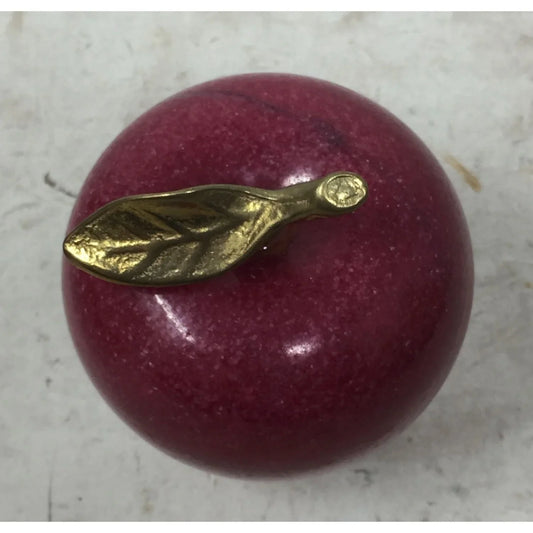 Vintage Polished Marble Red Apple with Brass Stem Leaf Heavy Paperweight UNKNOWN A+ Stuff