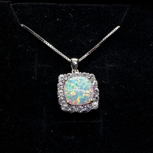 Shimmering Fire Opal & White Topaz Pendant - Sterling silver Setting & 20" Sterling Chain