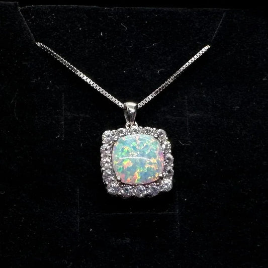 Shimmering Fire Opal & White Topaz Pendant - Sterling silver Setting & 20" Sterling Chain - A+ Stuff