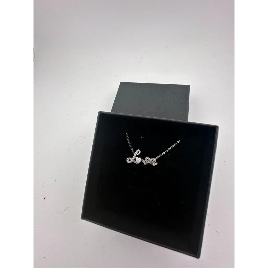 "Love" with Created White Opal Heart Necklace - Sterling Silver 16" Chain - A+ Stuff