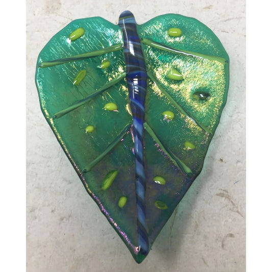 Handmade Art Glass Green, Blue, Yellow Shiny Leaf Dish- Made in 2006- Writing on bottom - A+ Stuff