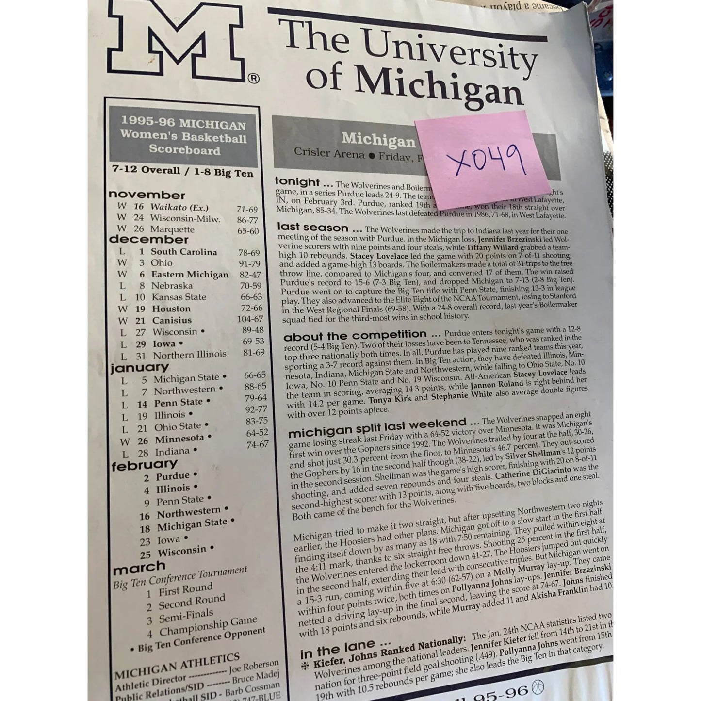 Vintage 1996 University of Michigan Women's Basketball Autographed Program - A+ Stuff