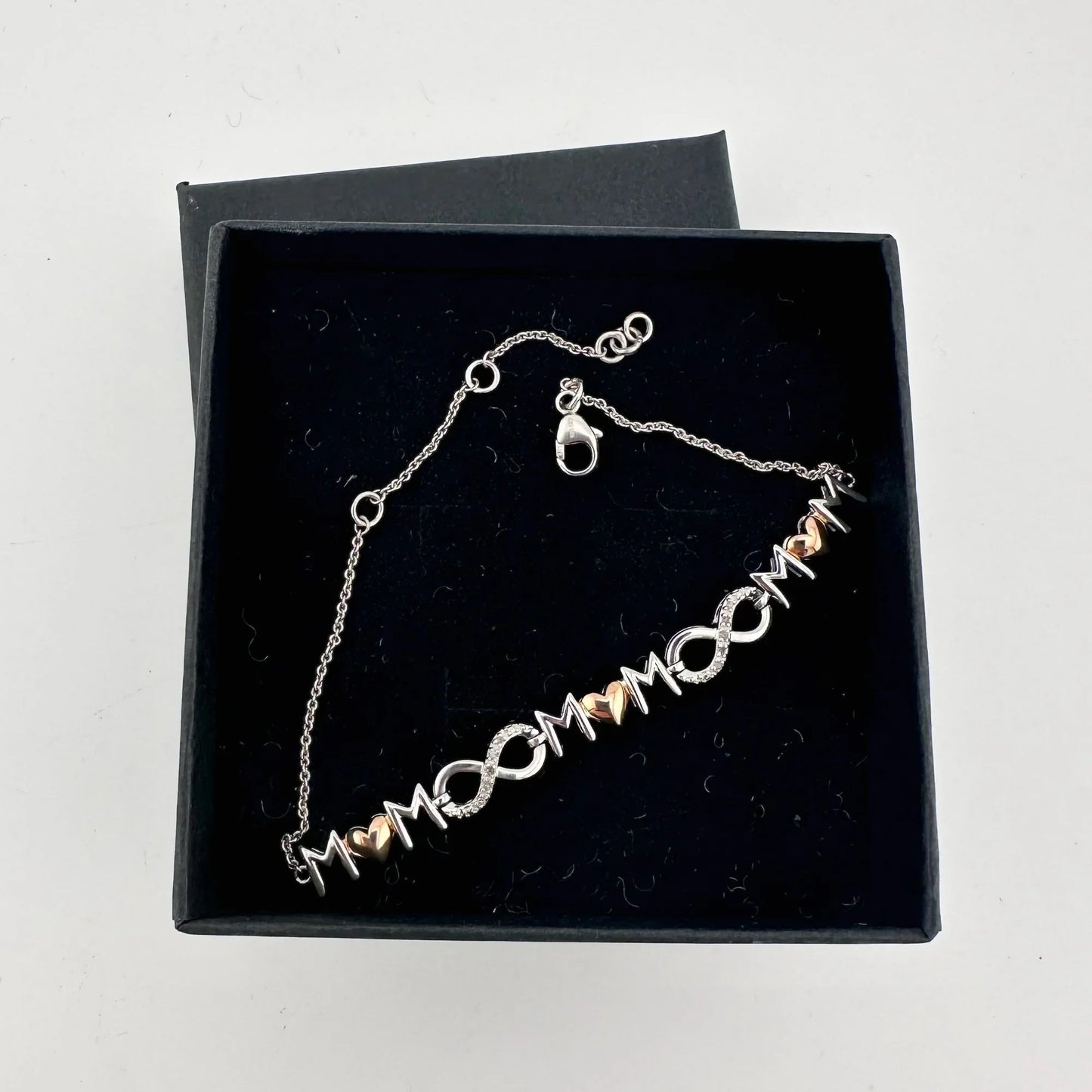 Sterling Silver "Mom" Bracelet with 14 kt gold Accent Hearts & Infinity Symbols with Natural Diamonds - A+ Stuff