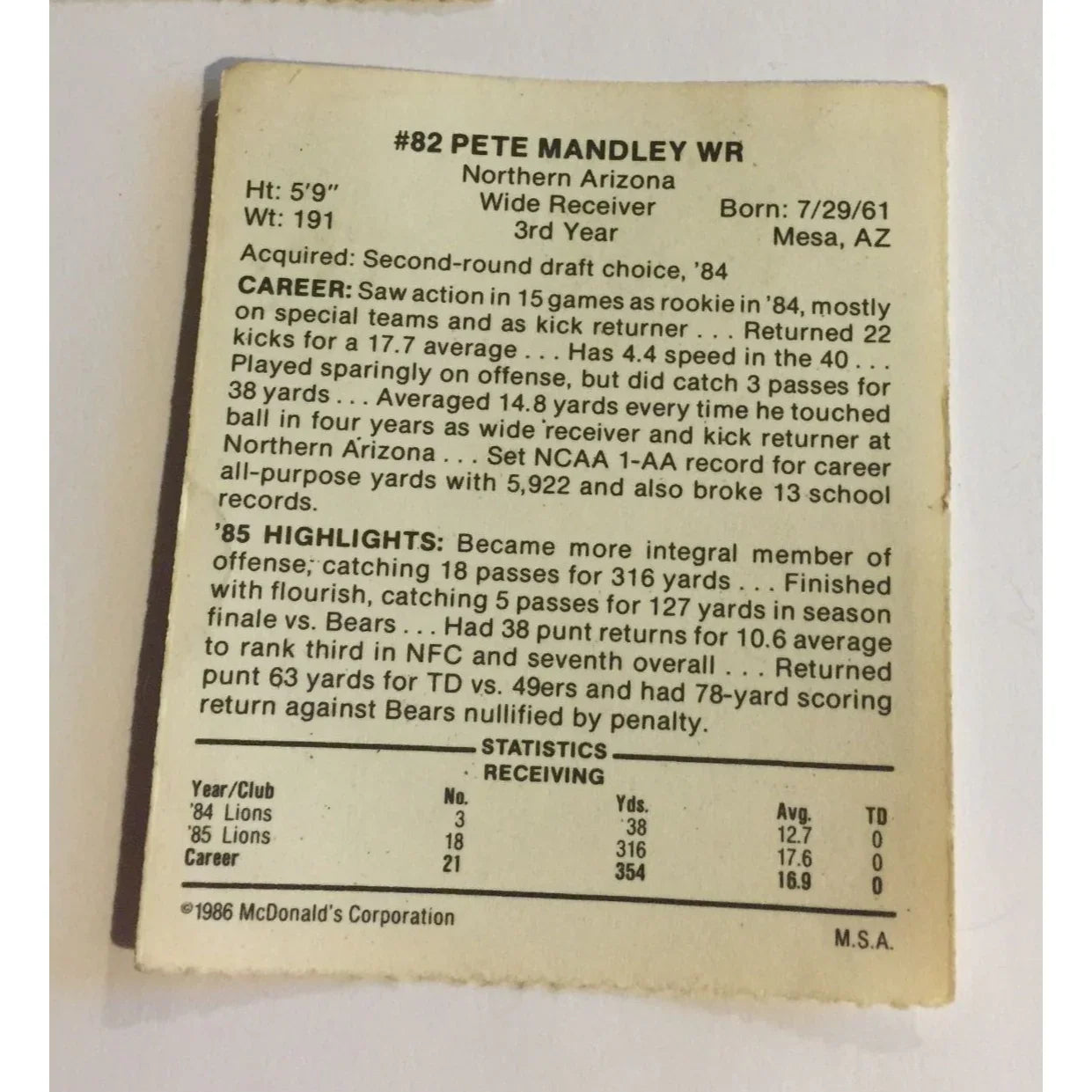 McDonalds 1986 Collectible Football Cards #63 Cody Risien T & #82 Pete Mandley WR - A+ Stuff