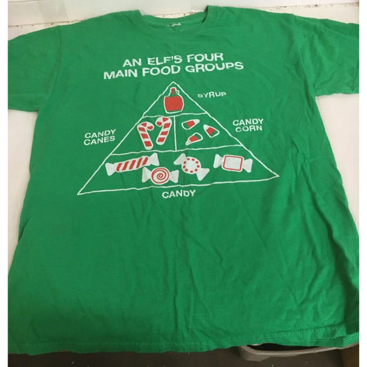 The Elf Movie Christmas Elf's 4 Main Food Groups Green T-Shirt- Medium - A+ Stuff