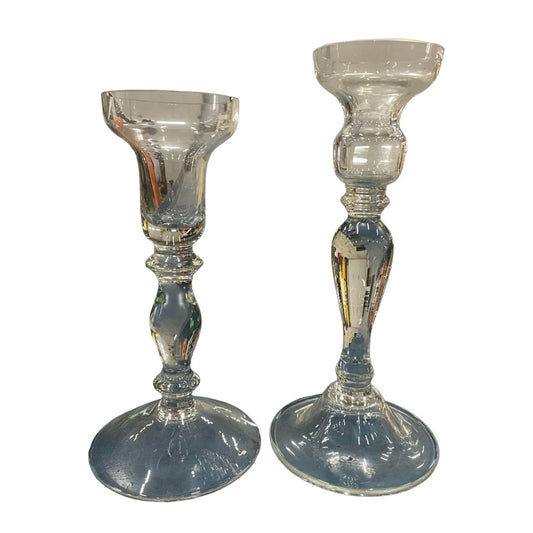 Pair of SPINDLE Style Clear GLASS CANDLESTICK HOLDERS Curvy Design - A+ Stuff