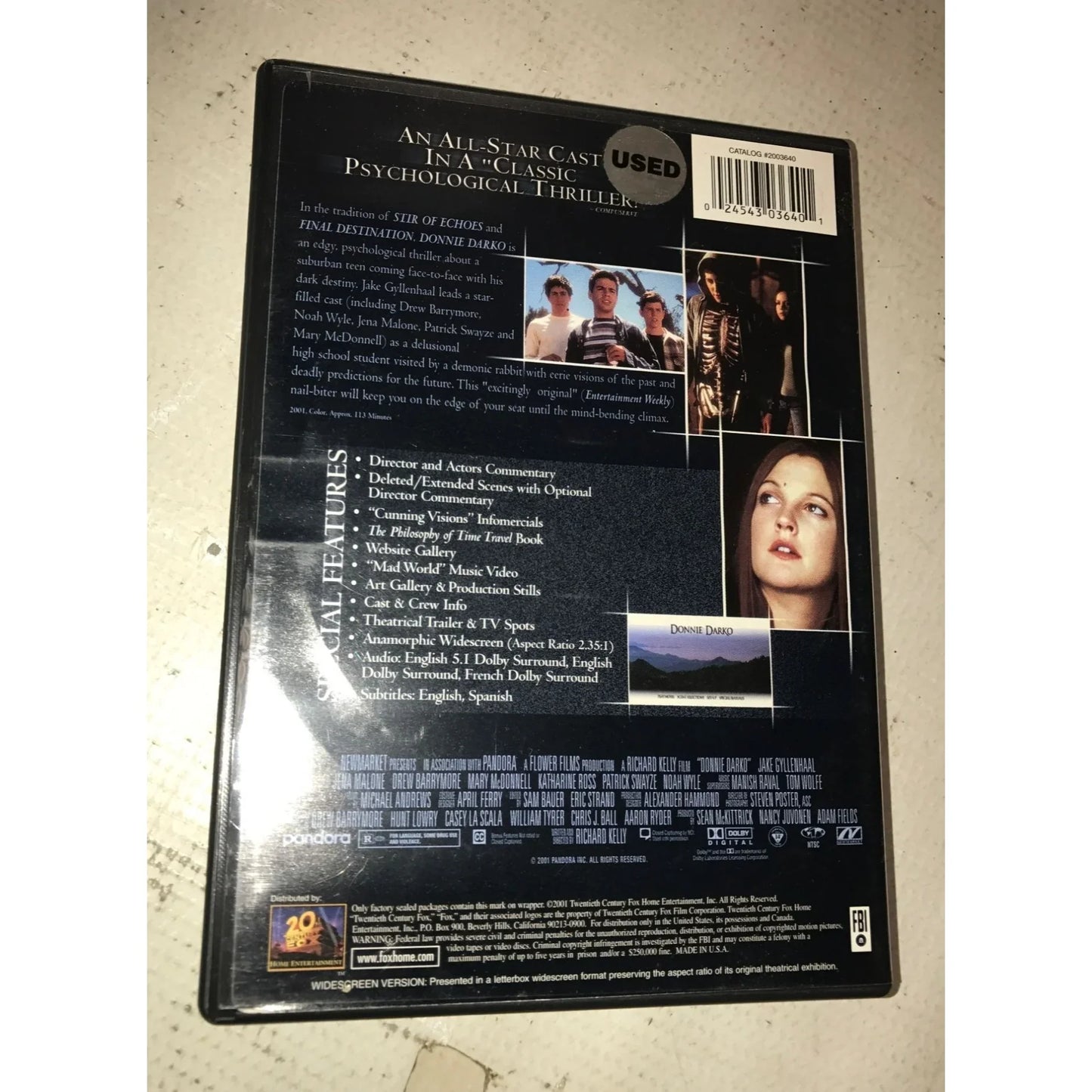 Donnie Darko DVD- Jake Gyllenhaal, Drew Barrymore, Patrick Swayze, Noah Wyle - A+ Stuff