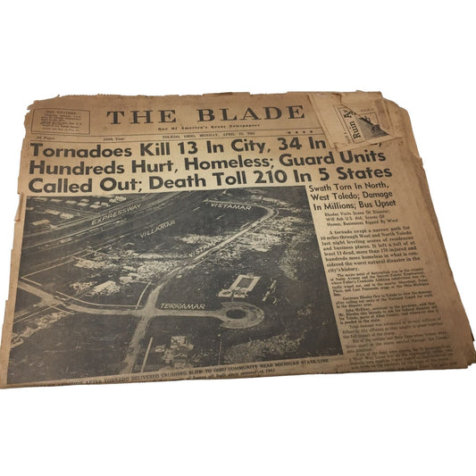 The Blade Vintage Collectible Newspaper April 12, 1965 "Tornadoes Kill 13 in City"