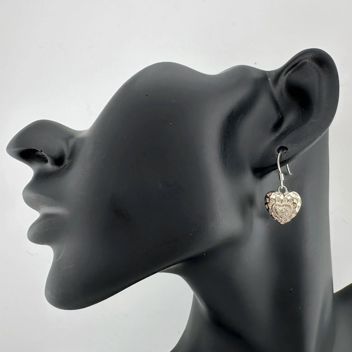 Sterling Silver Heart Dangle Earrings with Small Genuine Diamond in Center - A+ Stuff