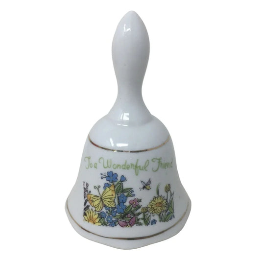 "To A Wonderful Friend" White Hand Bell with Butterflies and Flowers printed on it A+ Stuff A+ Stuff