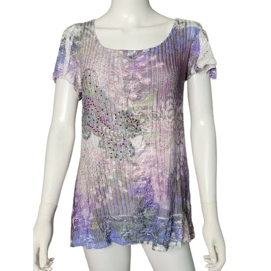 Women's Purple and White Tee Shirt with rhinestones ABC-TV A+ Stuff