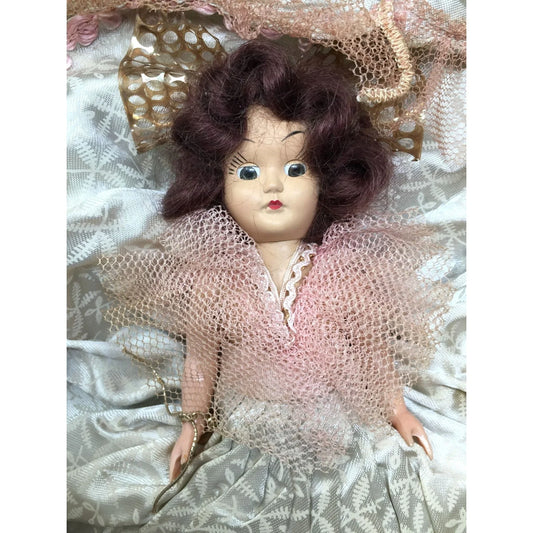 Vintage Brunette Doll in a Virga Doll Box - Fancy Dress / Gown with Embellishments on Edges A VIRGA DOLL A+ Stuff Mid century Doll