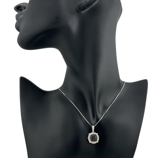 Beautiful Black and White Diamond Cluster Pendant with 20" Sterling Chain